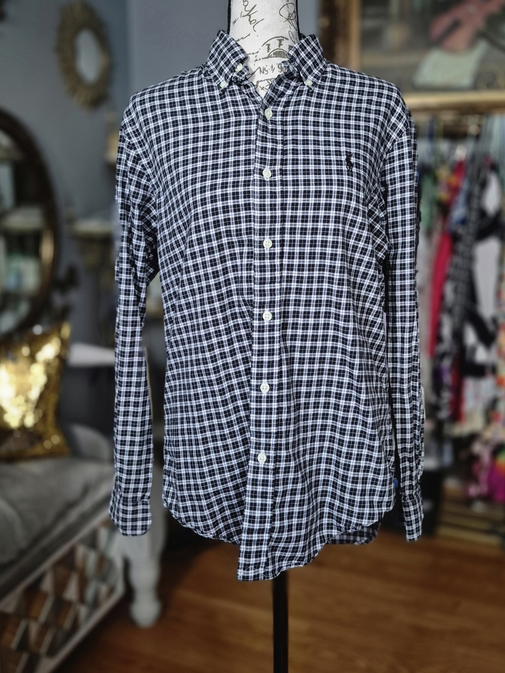Polo by Ralph Lauren Preppy Navy and White Plaid Button-Down Shirt Small